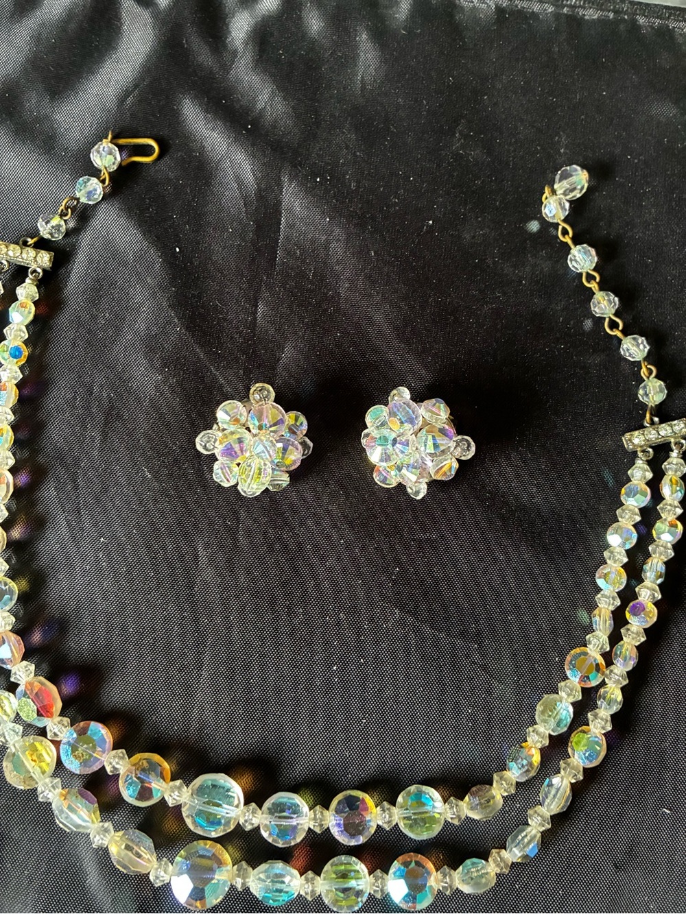 Aurora borealis, vintage, double strand choker with matching clip on earrings